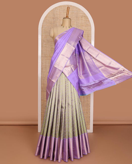 Green buttas pure-mix half saree,contrast zari design dhavani, zari blouse & border of kamalam,muthu,mayil kann,diamond & jaal