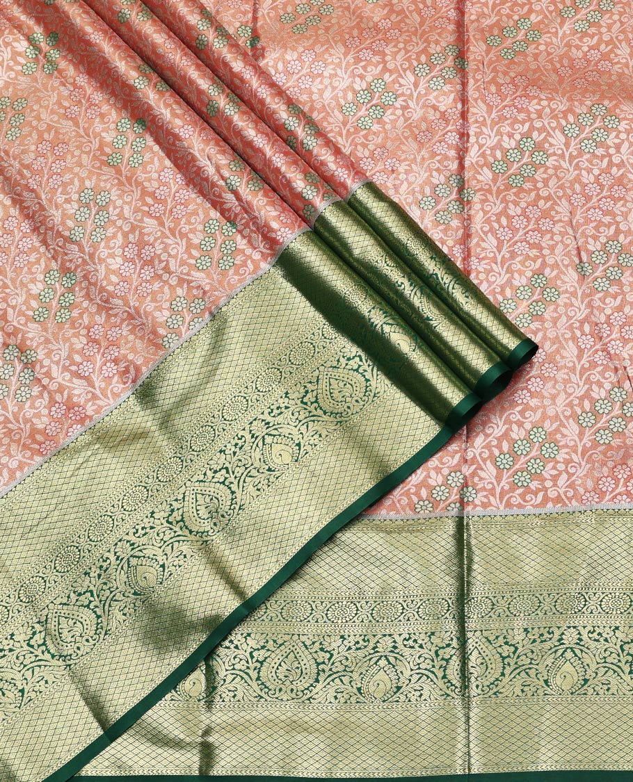 Peach Art Silk Half-Saree, Majestically Detailed with Jacquard Design, Contrast Traditional Zari Border, Paired with a Contrast Jacquard Blouse, and an Intricate Dhavani