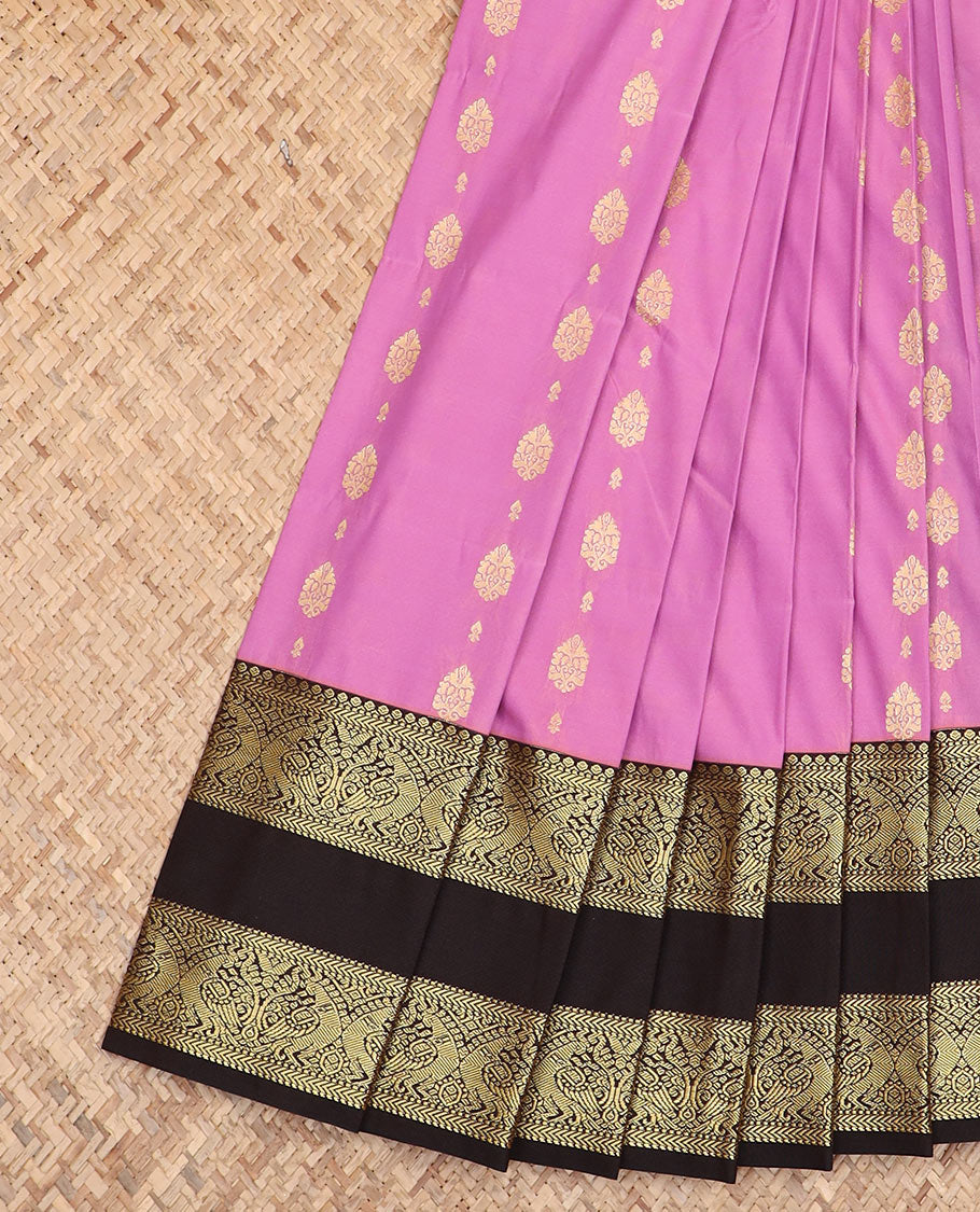 Pink zari buttas budget silk saree, contrast traditional zari design rettai pettu border, and jaal pallu