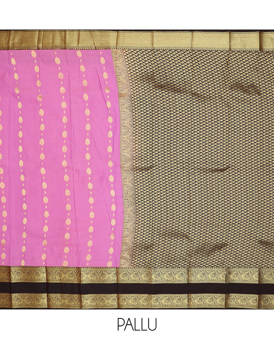 Pink zari buttas budget silk saree, contrast traditional zari design rettai pettu border, and jaal pallu