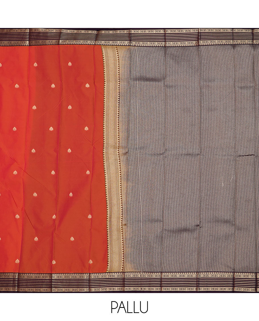 Orange zari buttas budget silk saree, contrast traditional zari border, and jaal pallu