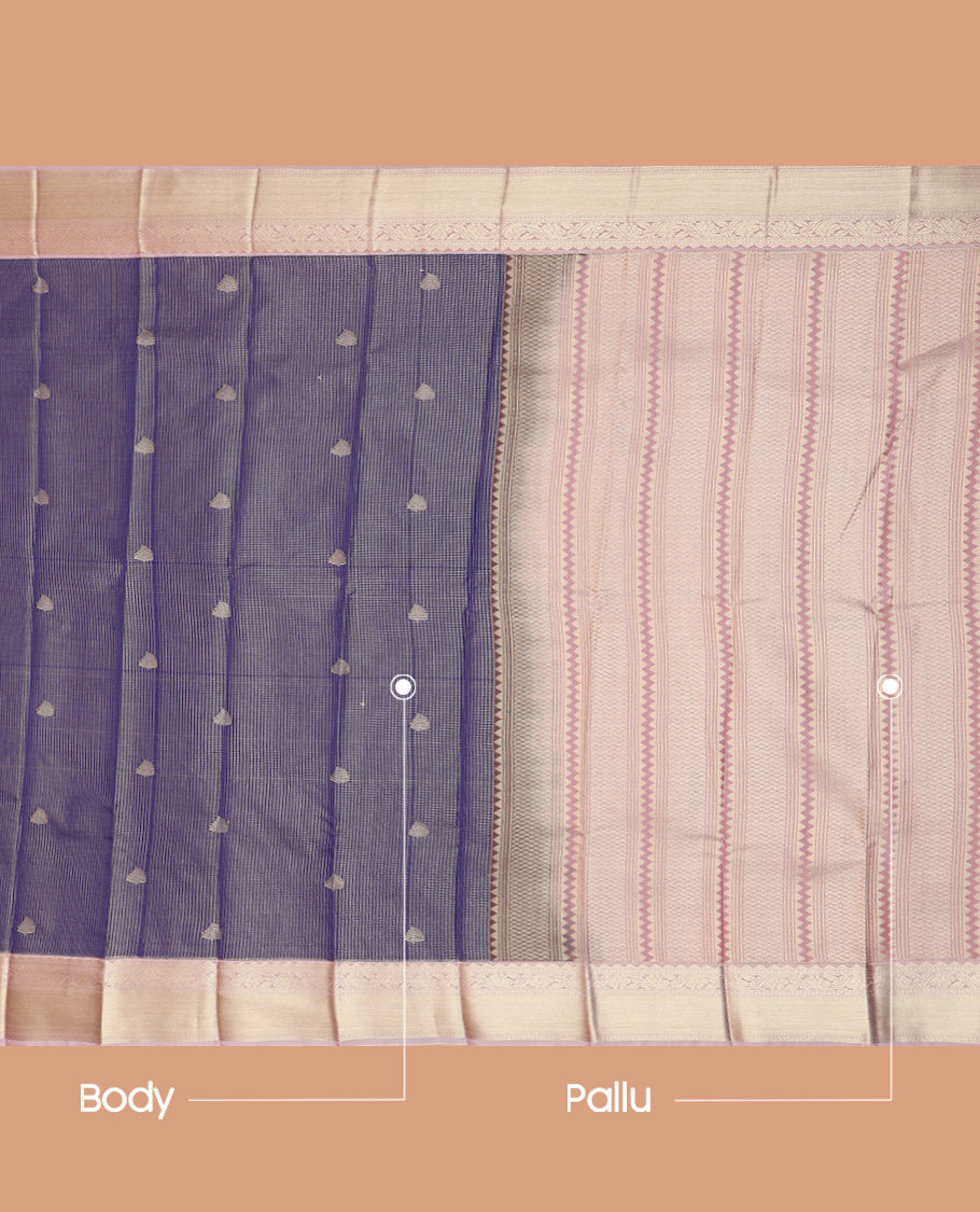 Blue Budget Silk Saree Bedecked with Zari Stripes and Buttas, Complemented by a Contrast Border of Traditional Zari Designs, Subtly Designed Pallu of Geometric Designs, and Paired with a Contrast Blouse