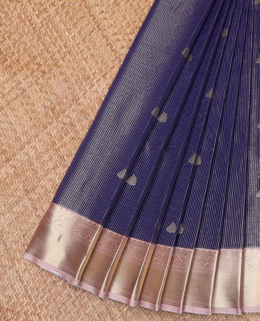Blue Budget Silk Saree Bedecked with Zari Stripes and Buttas, Complemented by a Contrast Border of Traditional Zari Designs, Subtly Designed Pallu of Geometric Designs, and Paired with a Contrast Blouse