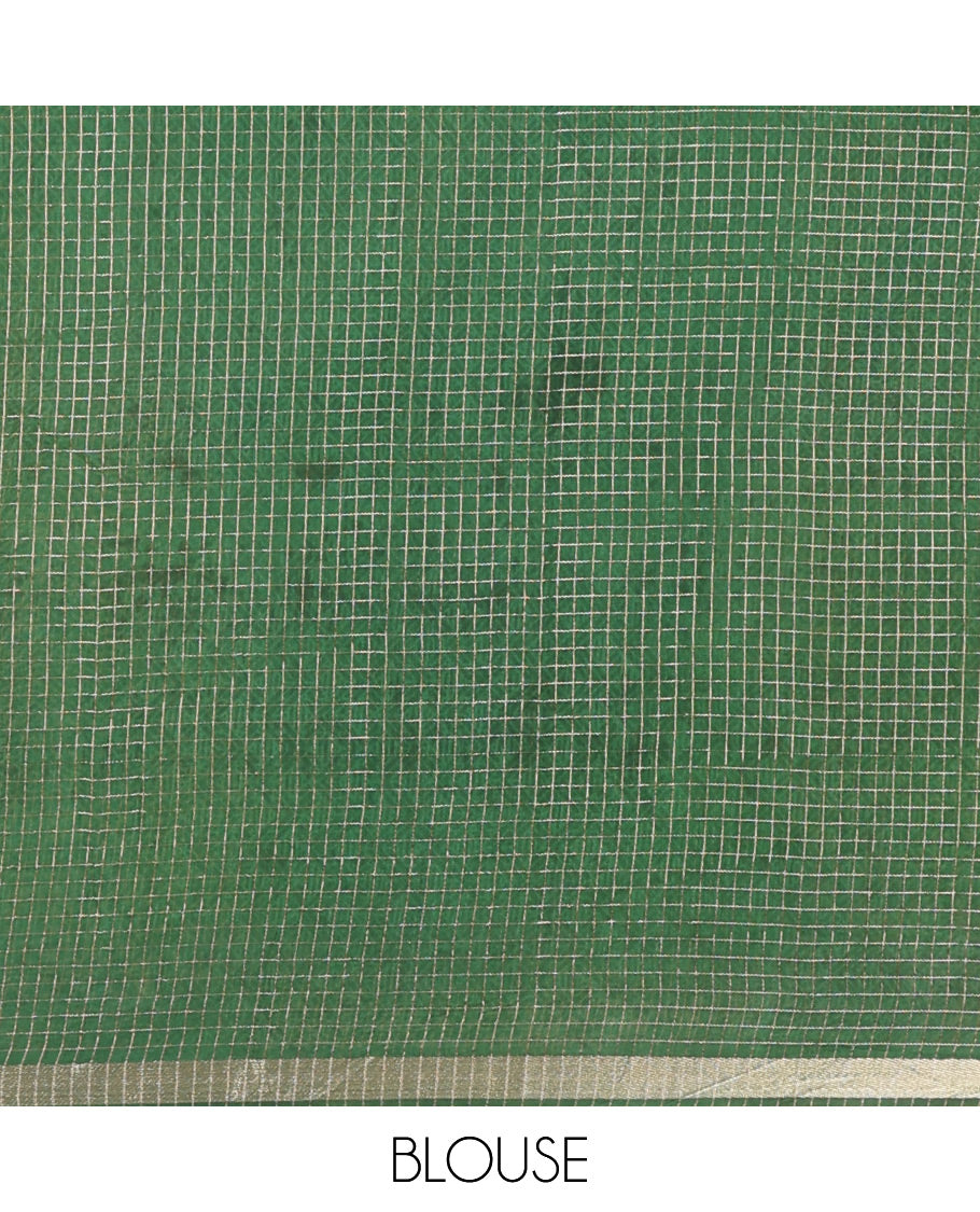 Green Assam Silk Saree Subtly Sparkled with Micro-Checks and Kalamkari Floral Prints, Featuring a Simple Piping Border, a Pallu Woven with Zari Stripes, Paired with a Matching Checked Blouse