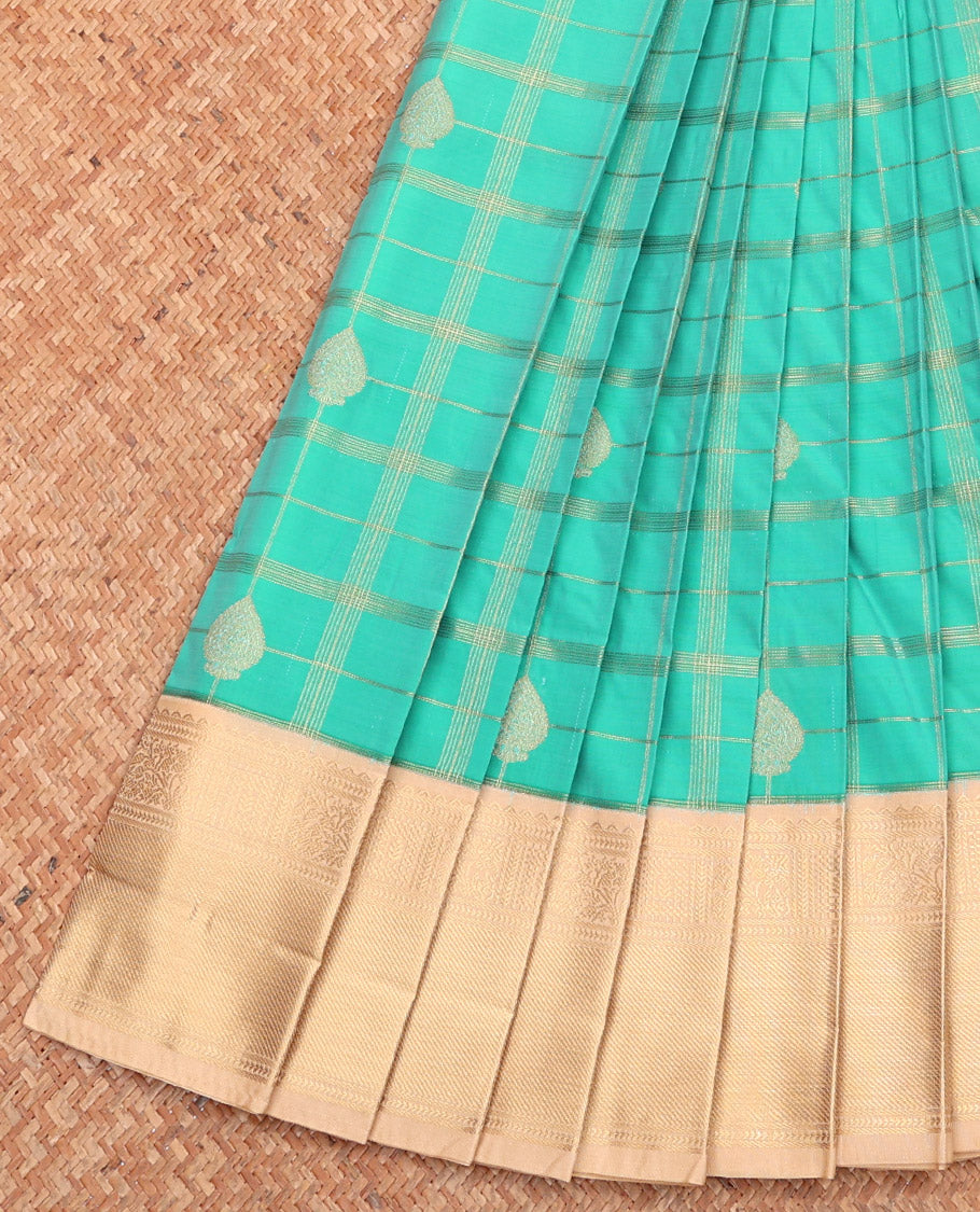 Turquoise Budget Silk Saree, Woven with Zari Butta Enclosed Checks, Complemented by a Contrast Traditional Zari Border, Grand Pallu, and Contrast Blouse