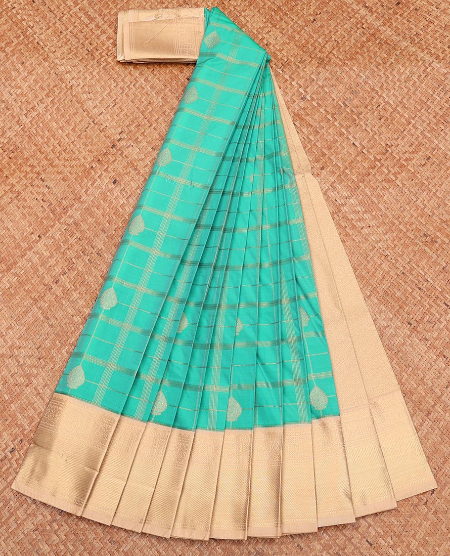 Turquoise Budget Silk Saree, Woven with Zari Butta Enclosed Checks, Complemented by a Contrast Traditional Zari Border, Grand Pallu, and Contrast Blouse