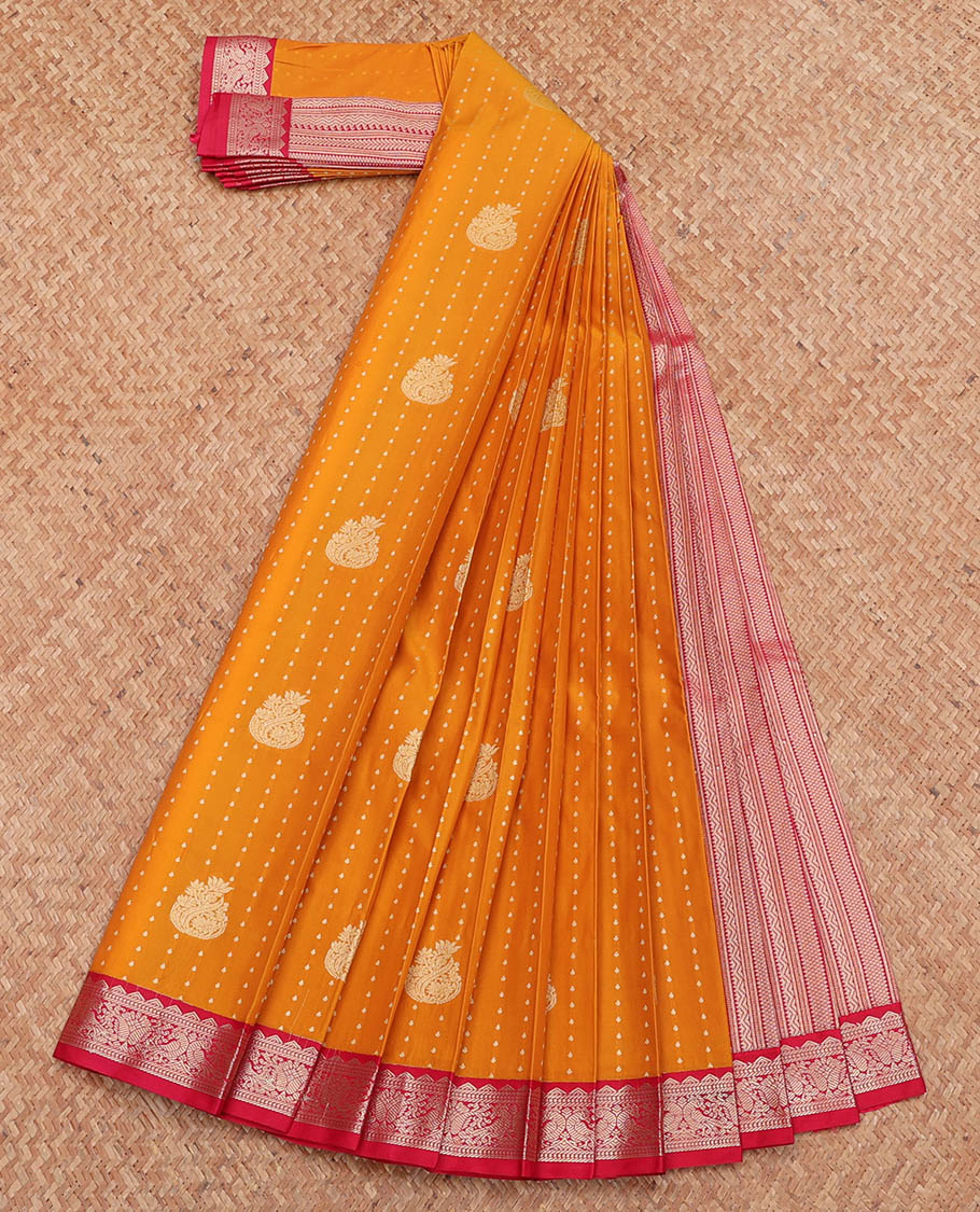 Orange Budget Silk Saree, Steeped with Zari Buttas, Complemented by a Contrast Traditional Zari Border, Geometric Pallu, and a Contrast Blouse