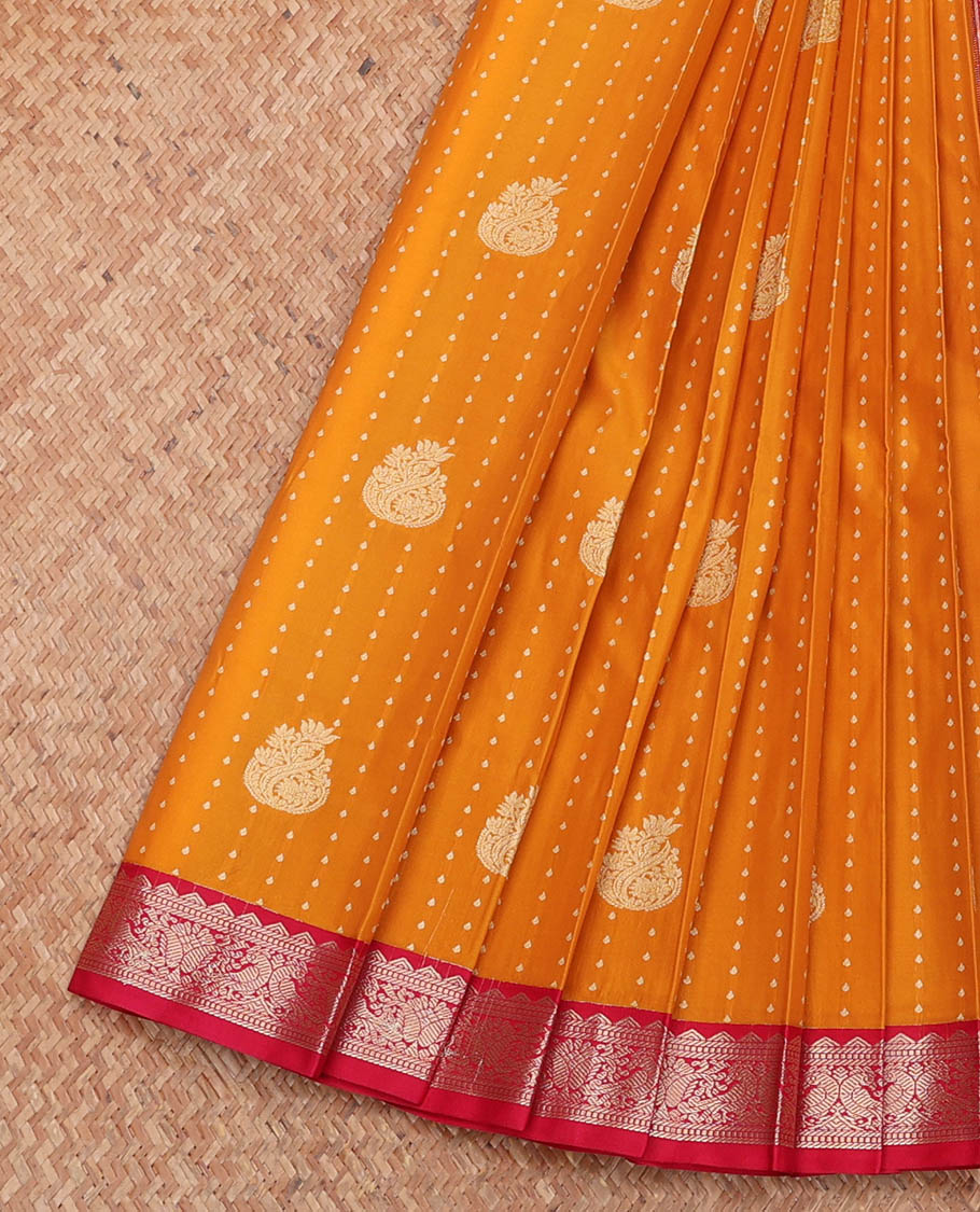 Orange Budget Silk Saree, Steeped with Zari Buttas, Complemented by a Contrast Traditional Zari Border, Geometric Pallu, and a Contrast Blouse