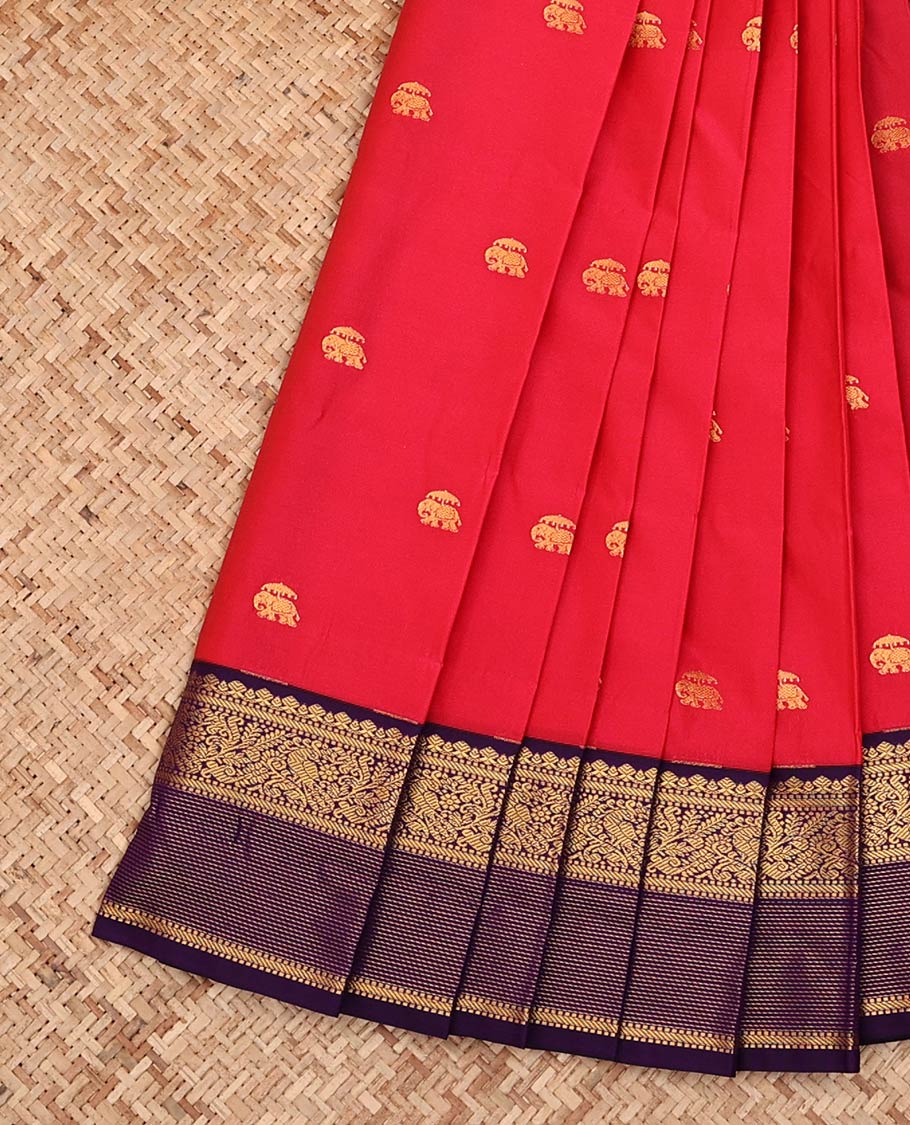 Red Budget Silk Saree, Adorned with Elephant Zari Buttas All Over Its Body, Complemented by a Contrast Traditional Zari Design Border, Grand Pallu of Jaal Designs, and Paired with a Contrast Blouse