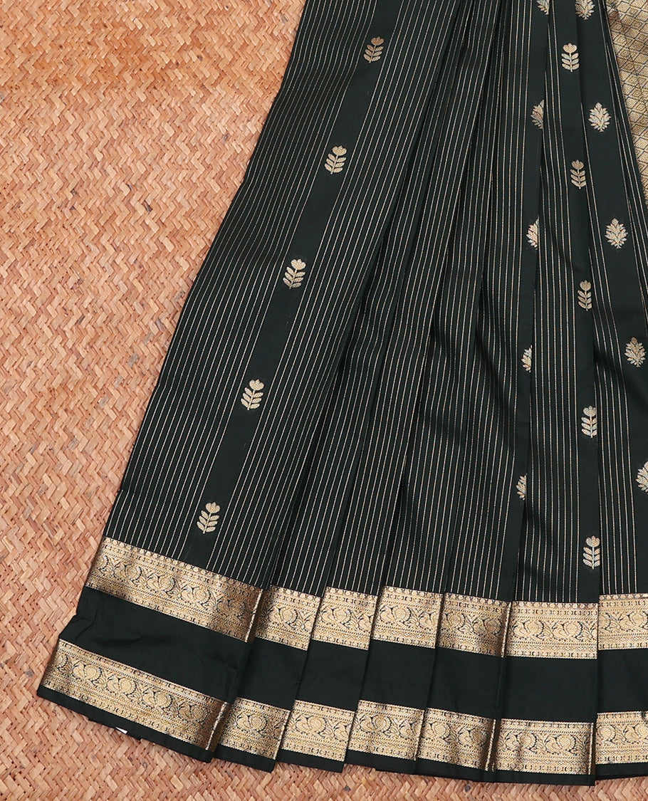 Black Budget Silk Saree, Enriched with Zari Buttas and Stripes All Over Its Body, Highlighted by Traditional Zari Designs Rettai Pettu Border, Gleaming Jaal Pallu and Paired with a Matching Blouse
