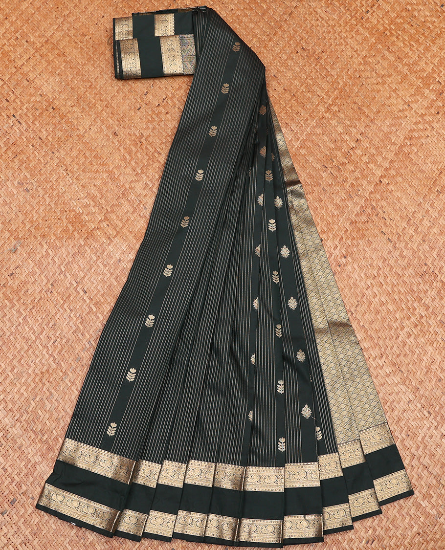 Black Budget Silk Saree, Enriched with Zari Buttas and Stripes All Over Its Body, Highlighted by Traditional Zari Designs Rettai Pettu Border, Gleaming Jaal Pallu and Paired with a Matching Blouse
