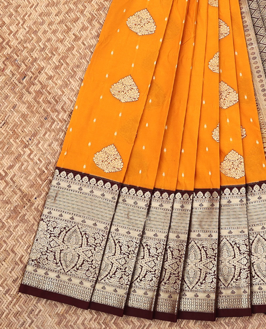 Orange Budget Silk Saree, Mesmerized with Buttas All Over Its Body, Complemented by a Contrast Traditional Zari Design Border, Grand Pallu of Jaal Design, and Paired with a Contrast Blouse