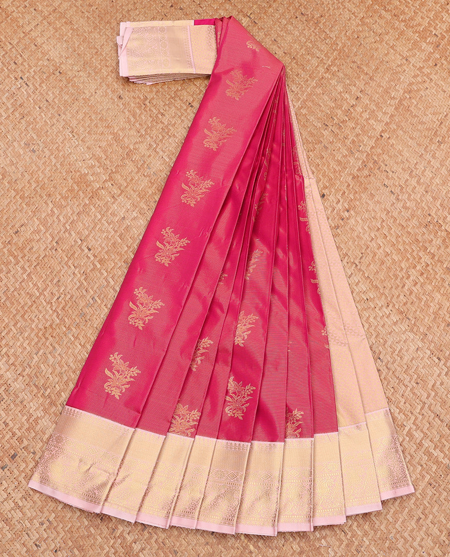 Pink Budget Silk Saree, Majestically Detailed with Zari Buttas and Stripes, Complemented by Contrast Traditional Zari Border, Grand Pallu, and a Contrast Blouse