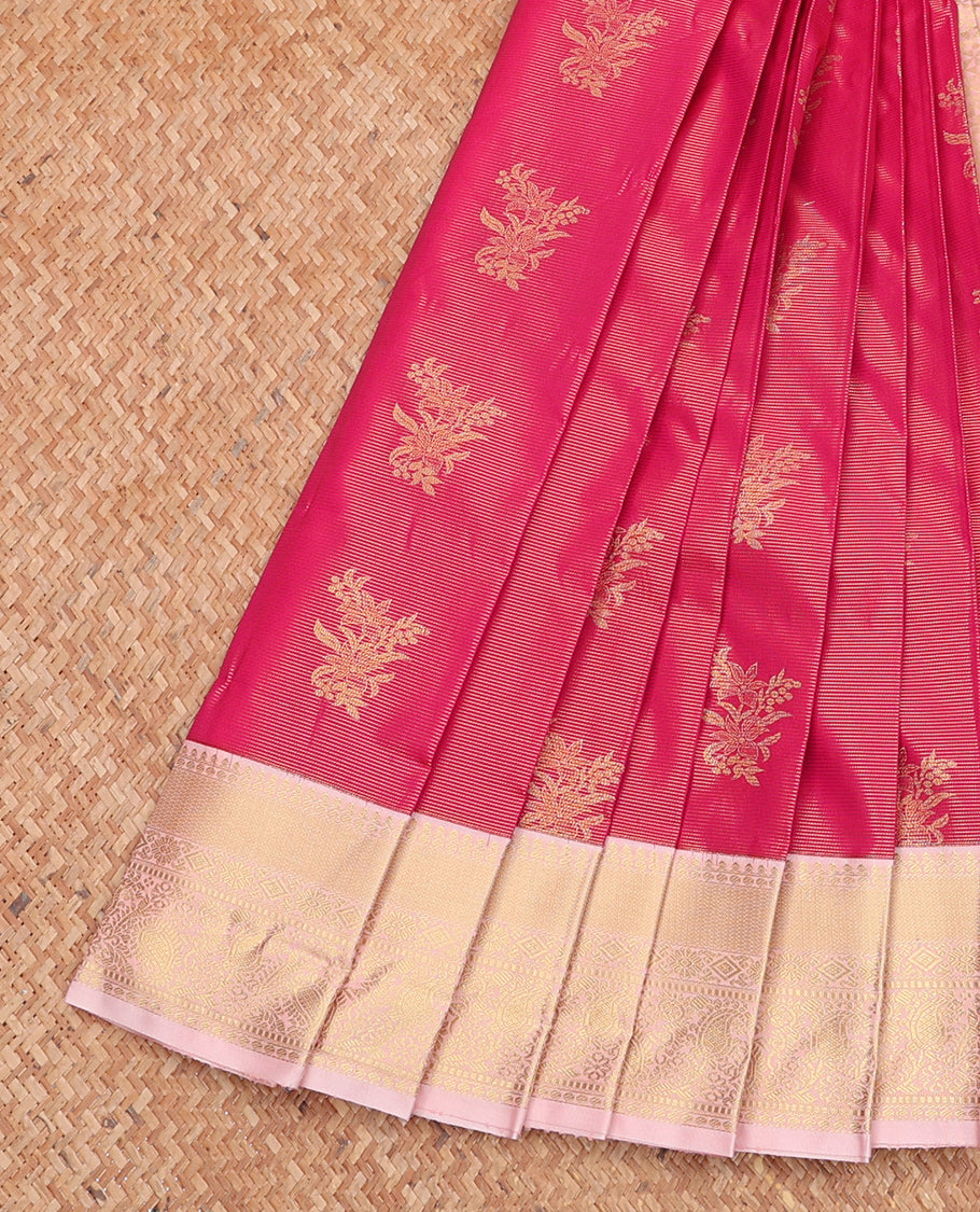 Pink Budget Silk Saree, Majestically Detailed with Zari Buttas and Stripes, Complemented by Contrast Traditional Zari Border, Grand Pallu, and a Contrast Blouse