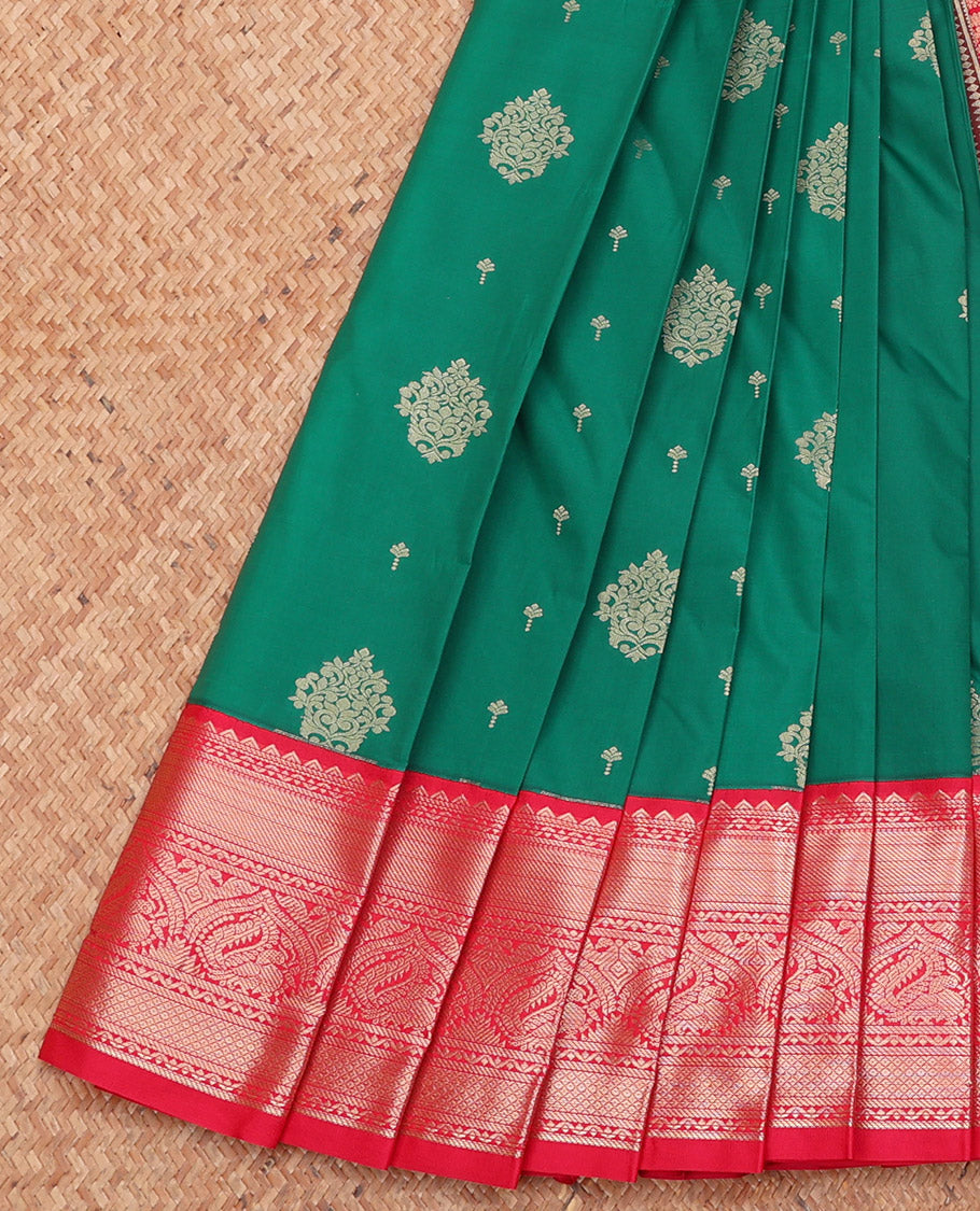 Green Budget Silk Saree, Embellished with Zari Buttas, Complemented by a Contrast Traditional Zari Border, Jaal Pallu, and a Contrast Blouse