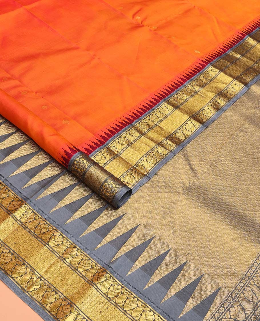 Orange zari buttas Bangalore silk saree, contrast temple traditional zari border, and zari-rich jaal pallu