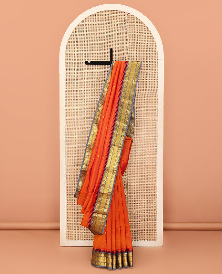 Orange zari buttas Bangalore silk saree, contrast temple traditional zari border, and zari-rich jaal pallu
