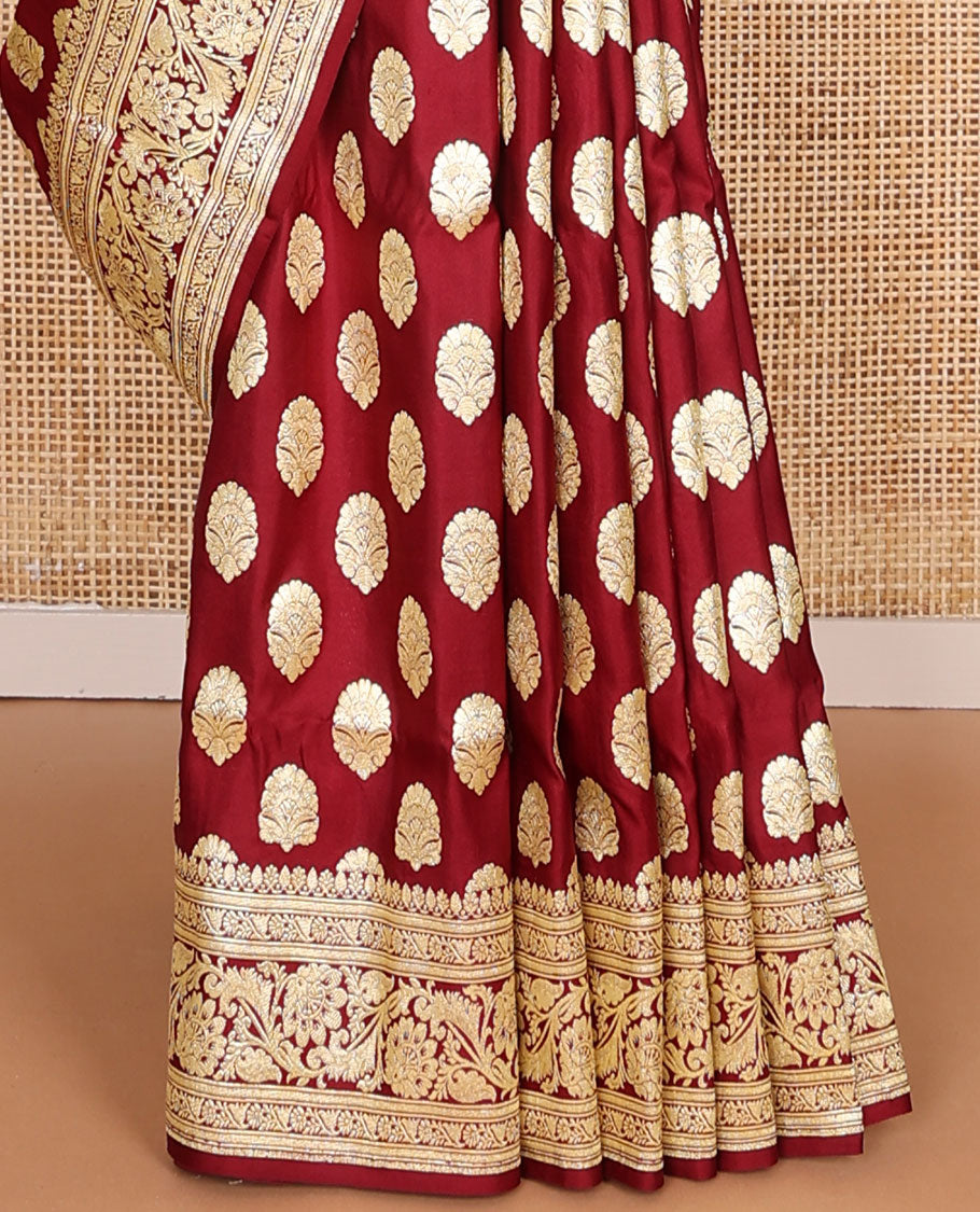 Maroon banarasi silk saree with zari buttas, self-border of floral creeper designs & pallu steeped with floral designs