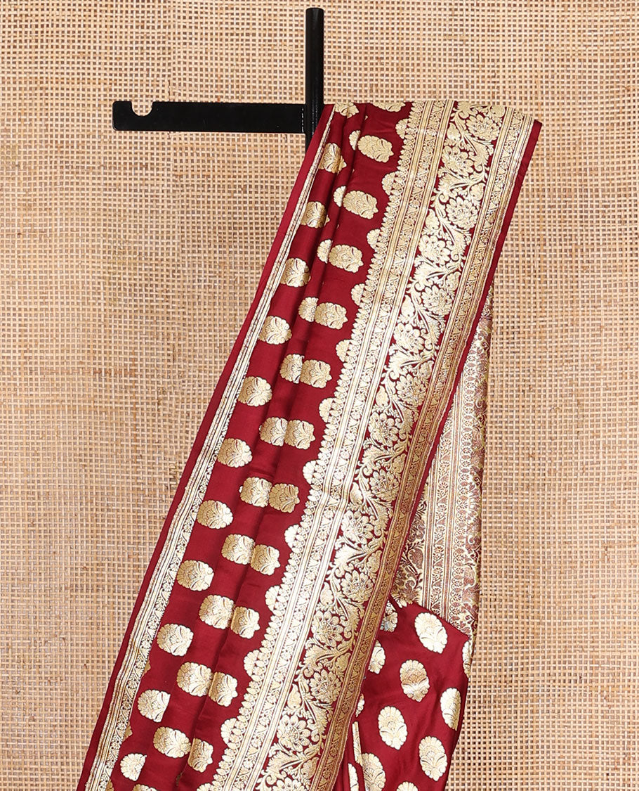 Maroon banarasi silk saree with zari buttas, self-border of floral creeper designs & pallu steeped with floral designs