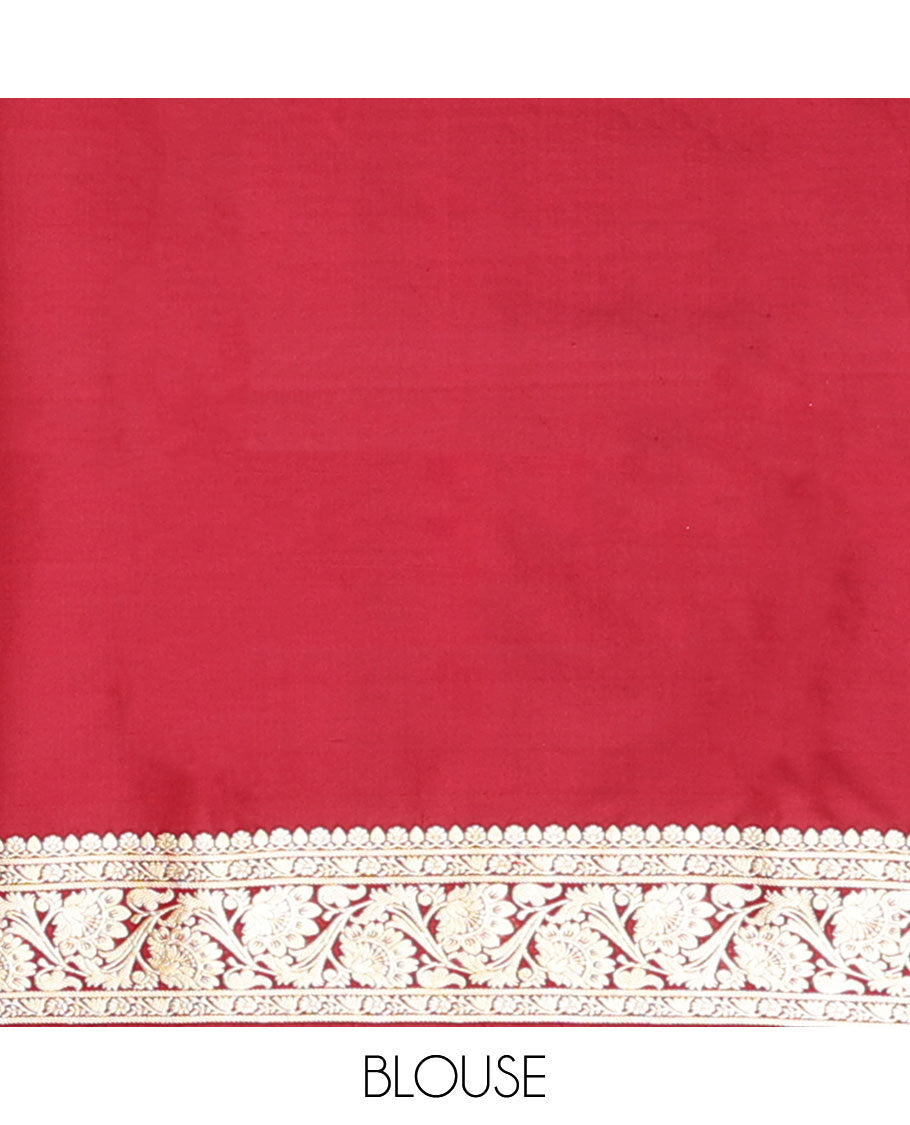 Maroon banarasi silk saree with zari buttas, self-border of floral creeper designs & pallu steeped with floral designs