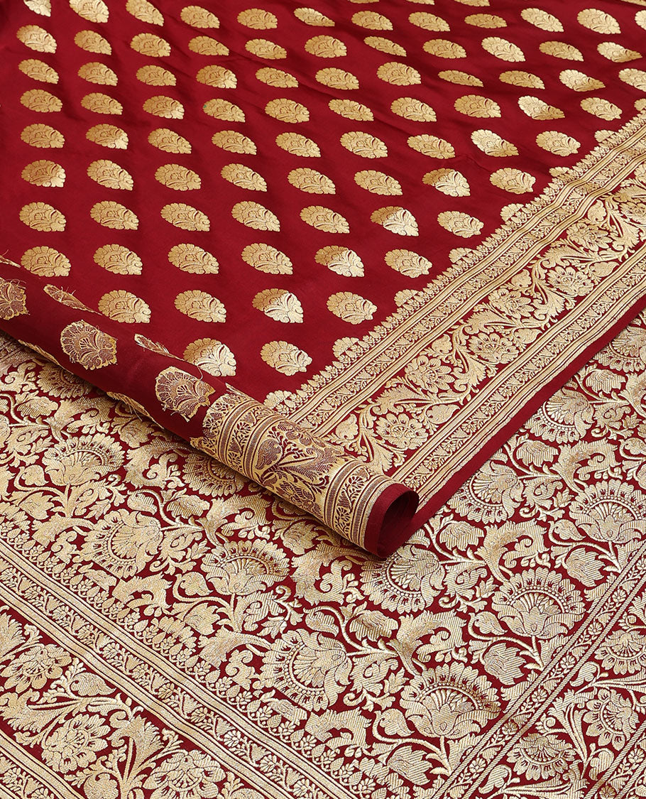 Maroon banarasi silk saree with zari buttas, self-border of floral creeper designs & pallu steeped with floral designs