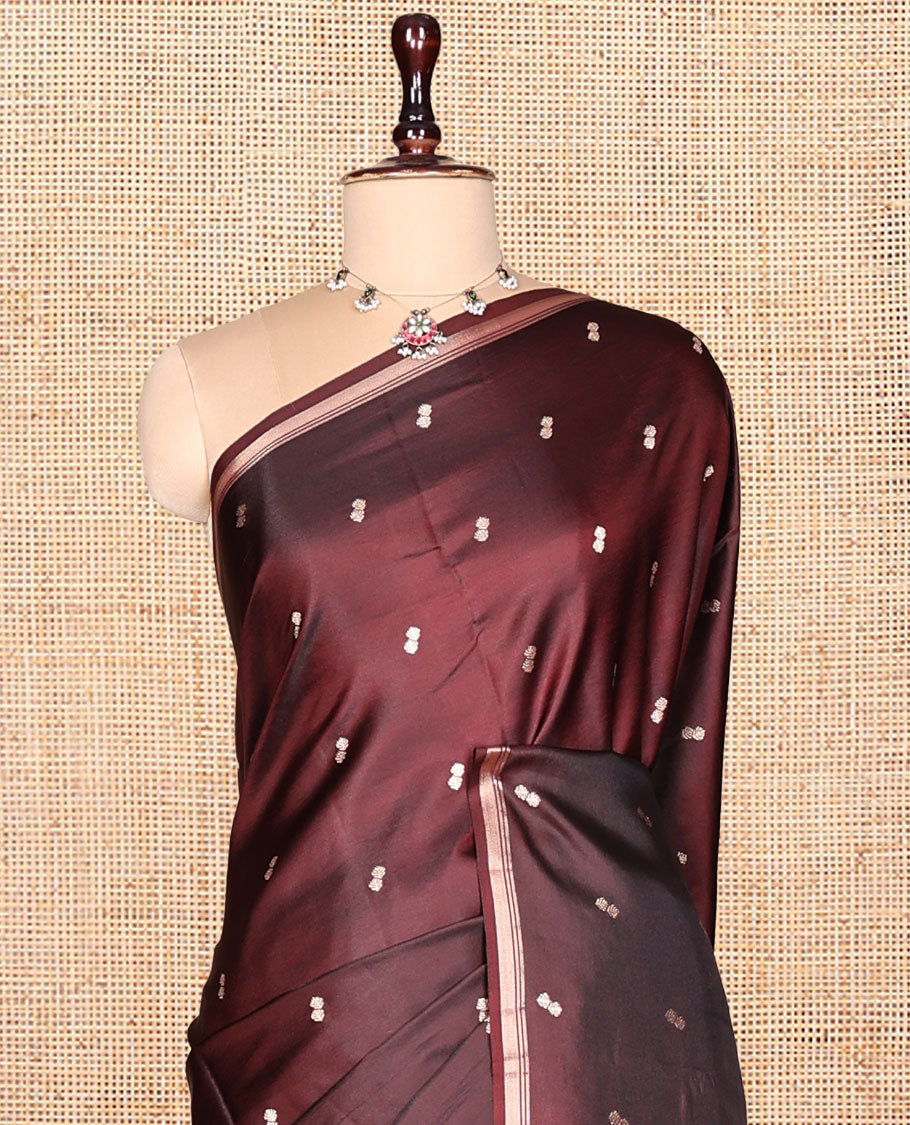 Maroon Satin Silk Saree, Finely Crafted with Buttas, a Subtle Piping Border, Complemented by a Contrast Floral-Paisley Jaal Pallu, and a Contrast Blouse