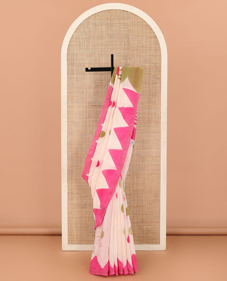 Cream-base colorful polka and triangle patterns printed saree with piping zari border, and printed pallu