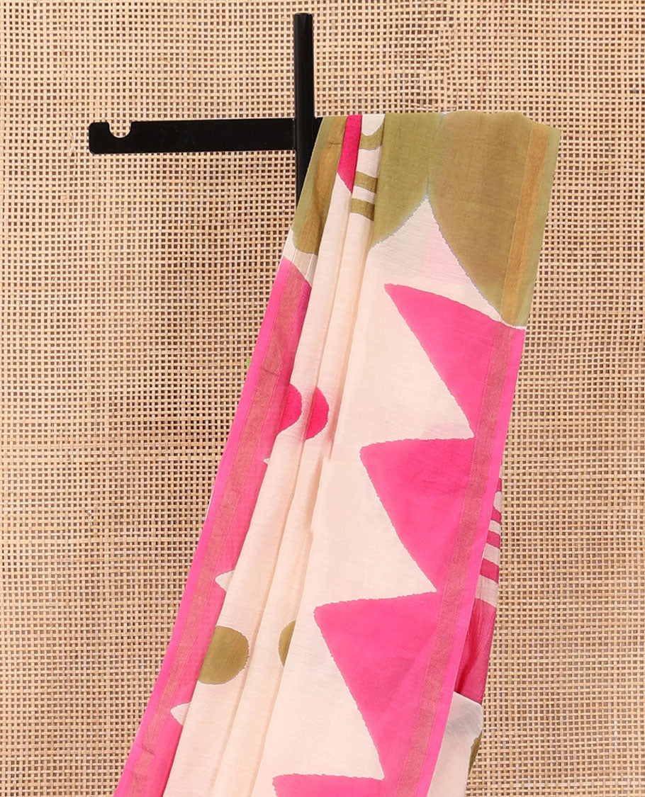 Cream-base colorful polka and triangle patterns printed saree with piping zari border, and printed pallu