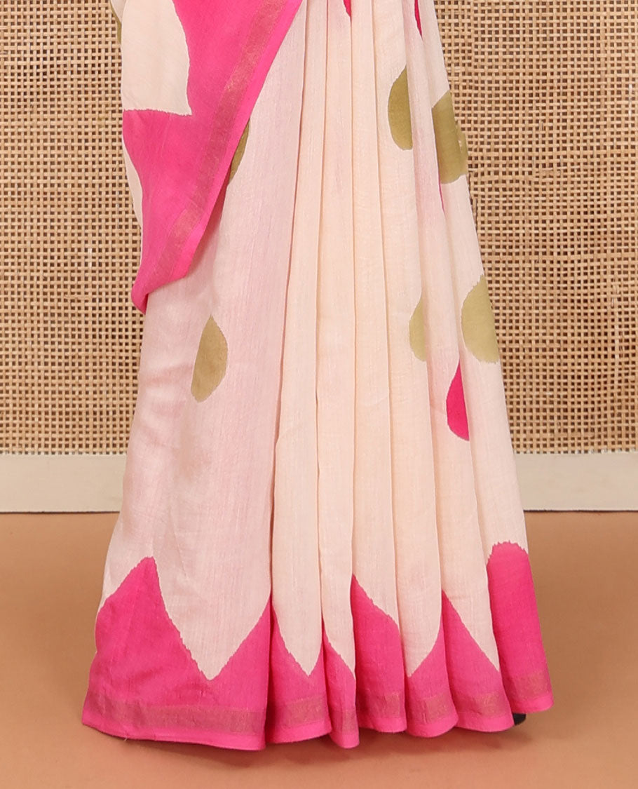 Cream-base colorful polka and triangle patterns printed saree with piping zari border, and printed pallu