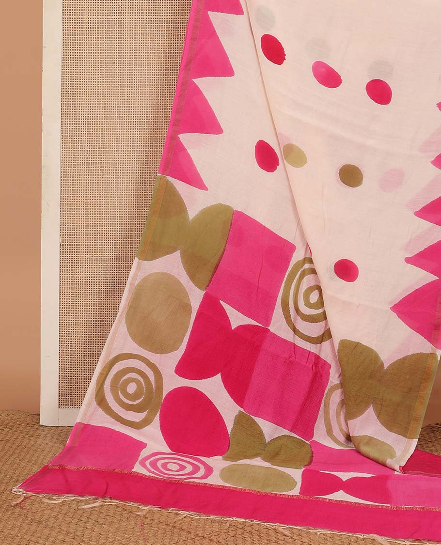 Cream-base colorful polka and triangle patterns printed saree with piping zari border, and printed pallu