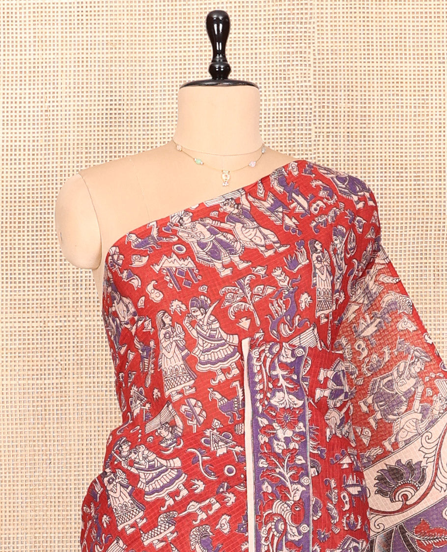 Borderless Red Kalamkari Cotton Saree Features Human Motifs Print, Contrast Ancient Human Printed Kalamkari Pallu, and a Contrast Blouse