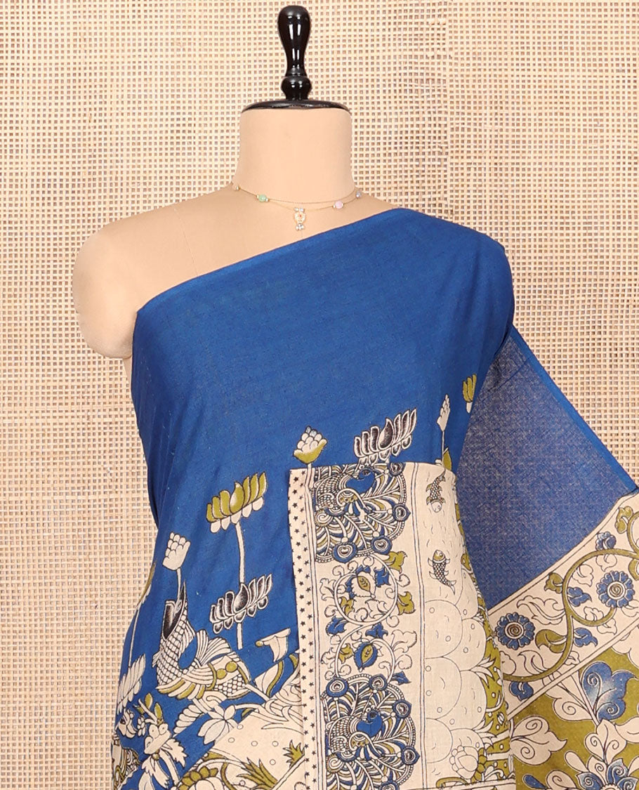 Blue Machine-Printed Kalamkari Cotton Saree Features Floral, Fauna, and Pichwai Lotus, a Contrast-Printed Border, Pallu of Lord Krishna Motifs, and a Contrast Blouse
