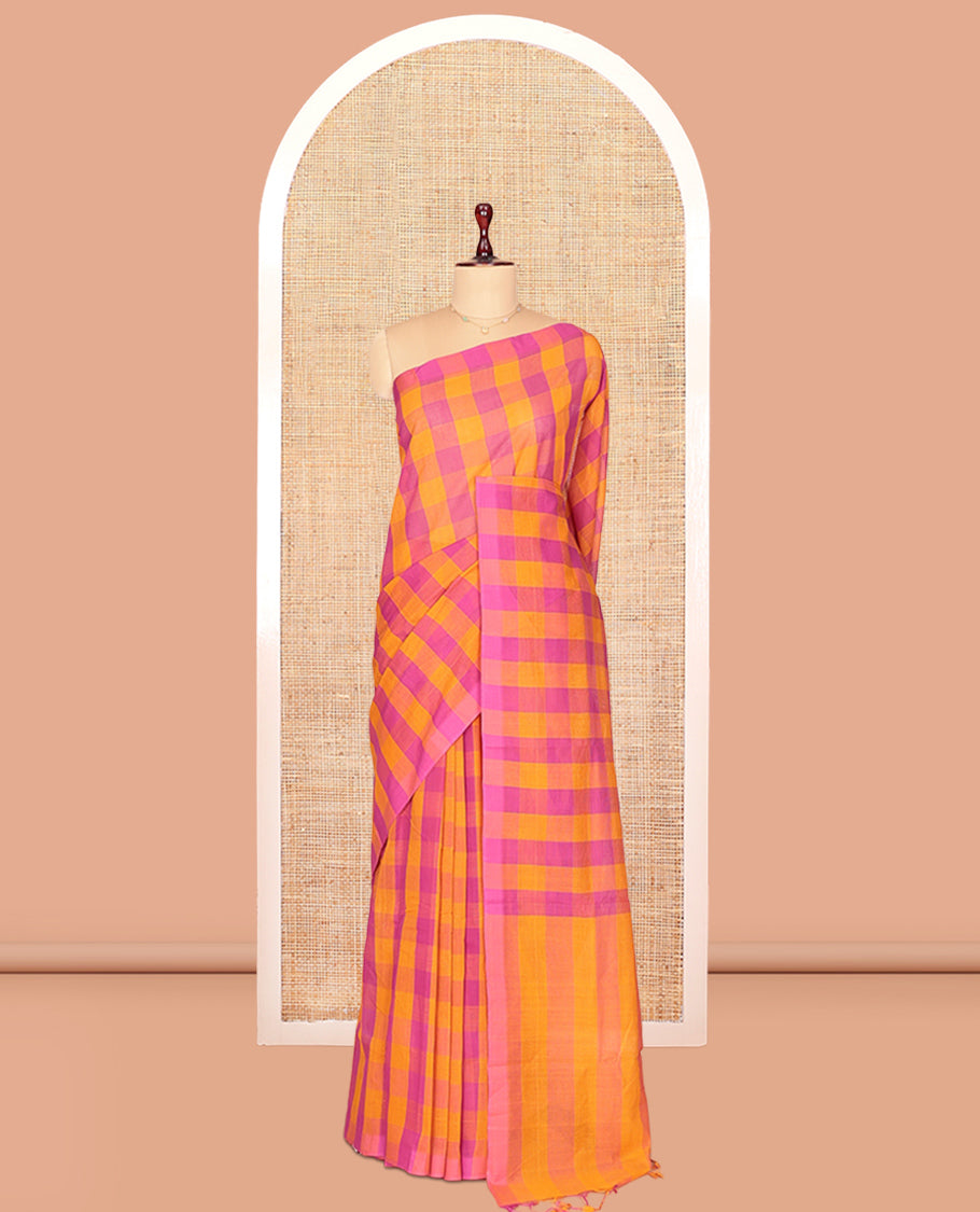 Borderless Pink-Orange Mangalagiri Cotton Saree