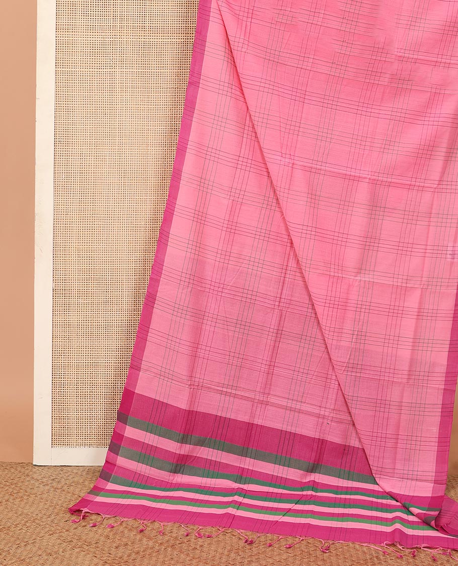 Pink checked Mangalagiri cotton saree, contrast striped border, and multi-color striped pallu