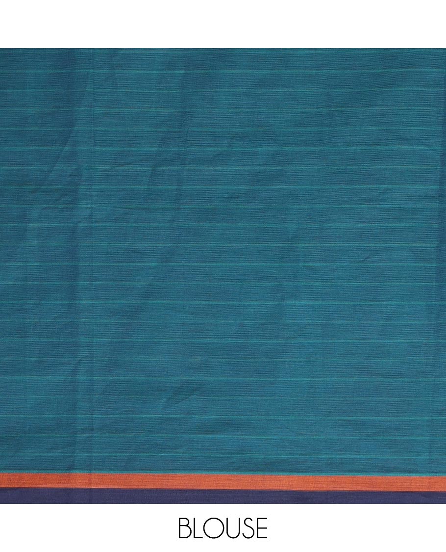 Blue stripes, and floral pot motifs Kanchi cotton saree, contrast plain border, and pallu of floral motifs, and geometric patterns