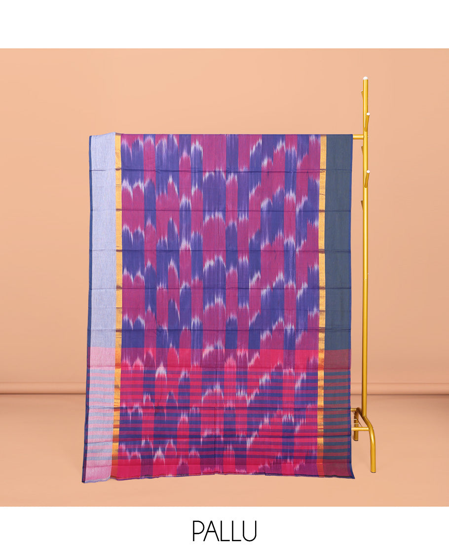 Pink-Blue Ikat Textured Chirala Cotton Saree, a Contrast Border, Striped Pallu, and a Matching Blouse