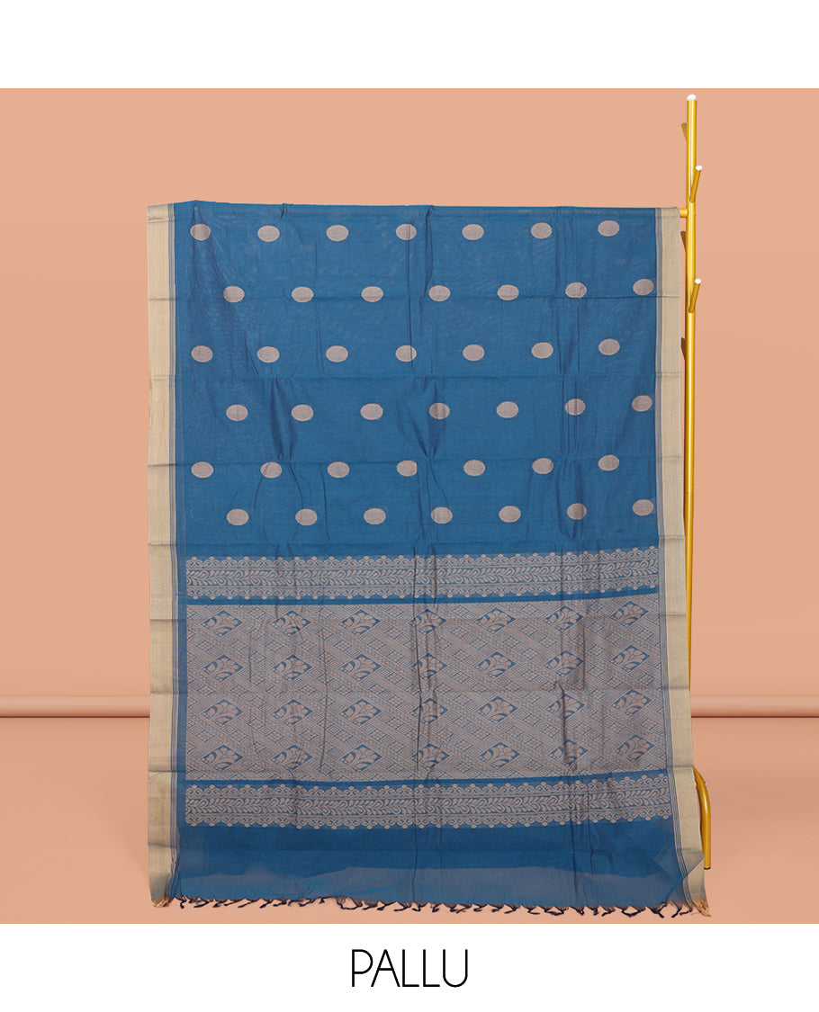 Blue Kanchi Cotton Saree, Embellished with Buttas All Over Its Body, Complemented by a Contrast Border, Pallu of Jaal Design, and Paired with a Matching Blouse