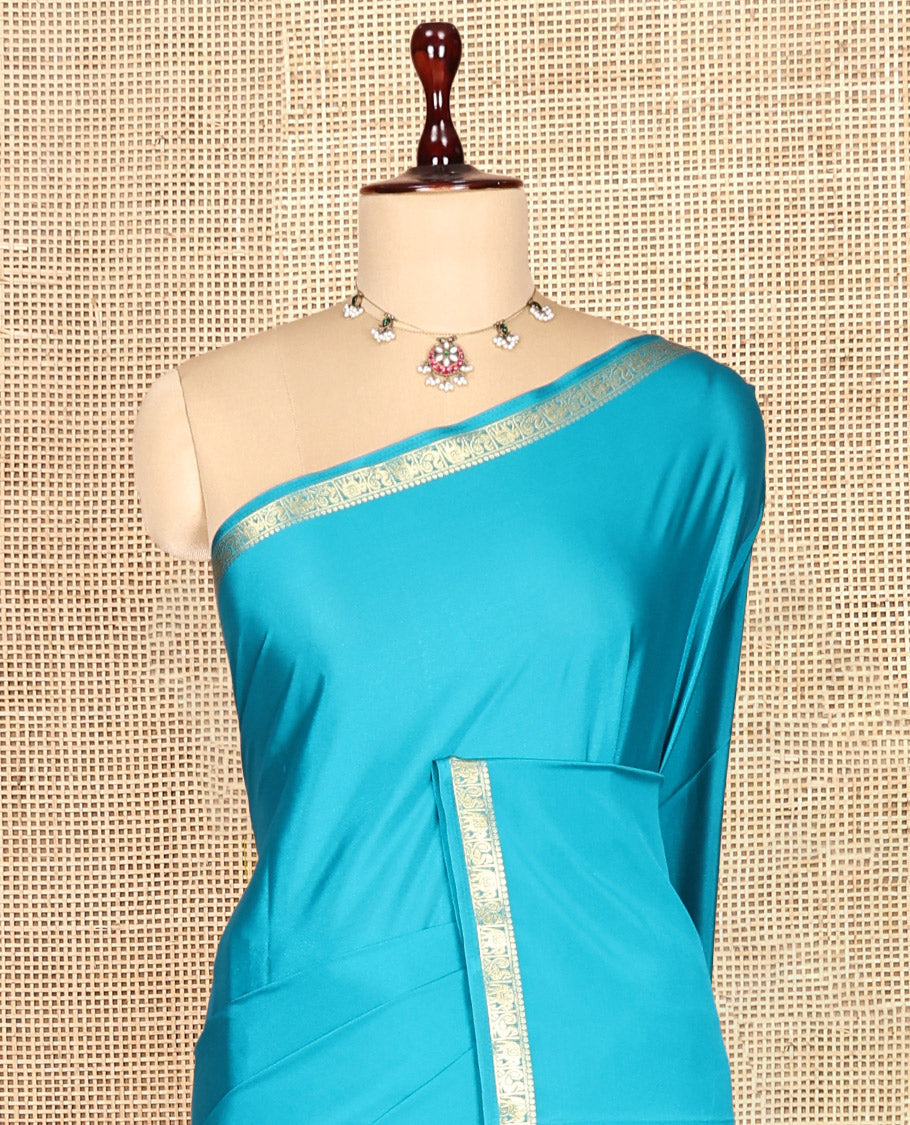 Rama Blue Plain Semi-Mysore Saree, a Zari Elephant-Peacock Butta Border, Striped Pallu, Matching Blouse