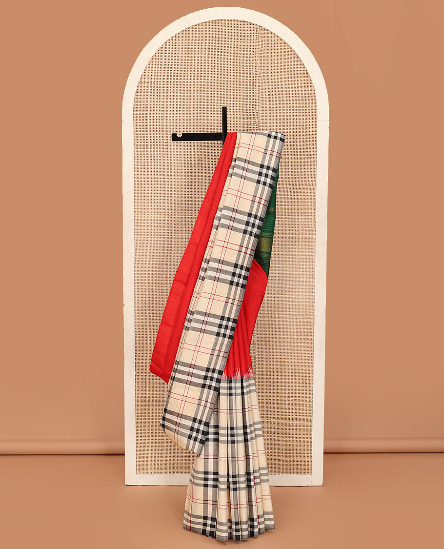 Borderless multi-color mubbagam border-style woven kanchipuram silk saree, contrast zari woven pallu