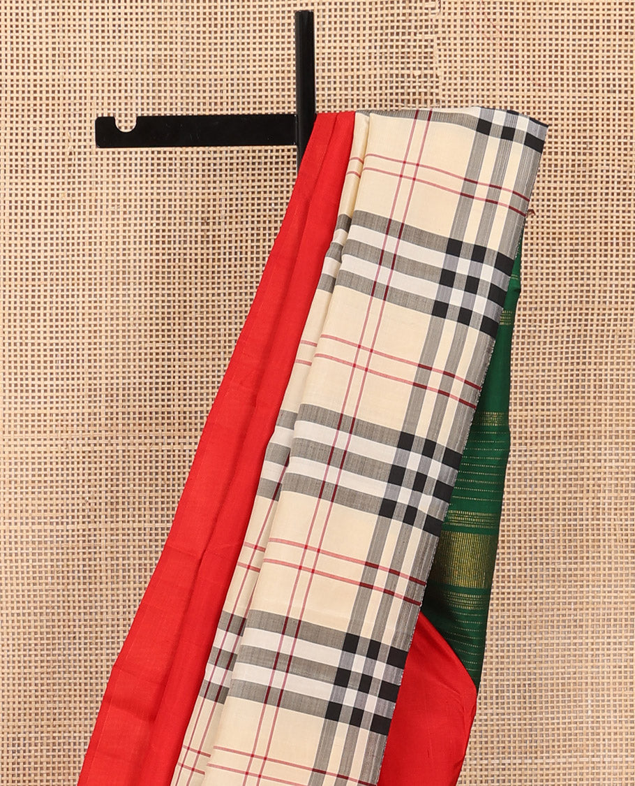 Borderless multi-color mubbagam border-style woven kanchipuram silk saree, contrast zari woven pallu