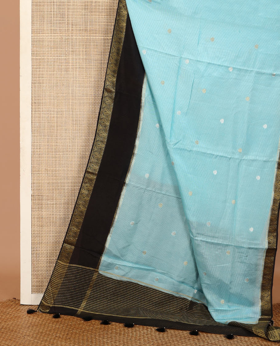 Blue buttas satin silk saree, contrast rettai pettu traditional zari border, and zari striped pallu