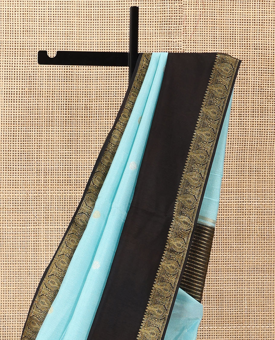 Blue buttas satin silk saree, contrast rettai pettu traditional zari border, and zari striped pallu