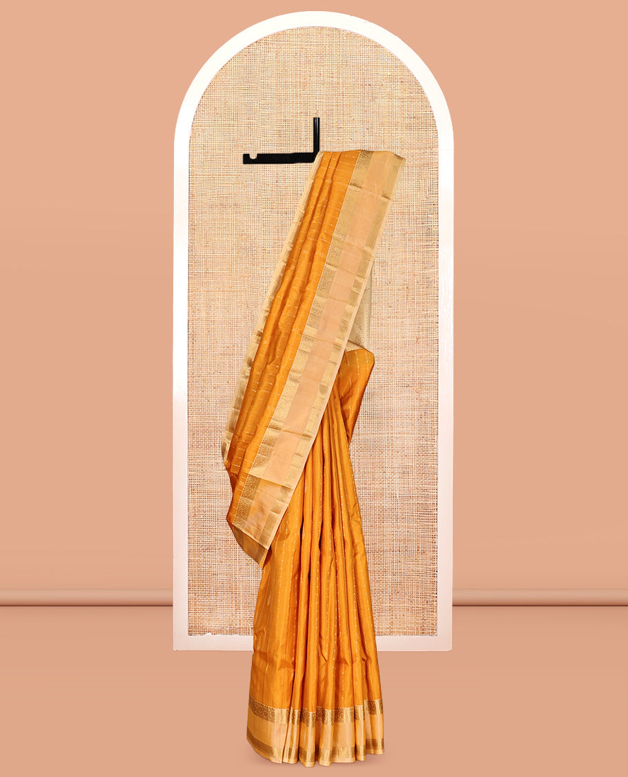 Mustard-Off-White Zari Striped Vasundhara Silk Saree, Contrast Rettai Pettu Zari Border, Jaal Pallu, a Contrast Blouse