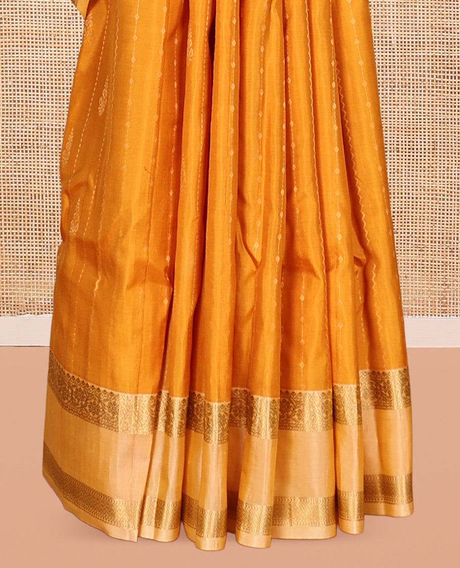 Mustard-Off-White Zari Striped Vasundhara Silk Saree, Contrast Rettai Pettu Zari Border, Jaal Pallu, a Contrast Blouse
