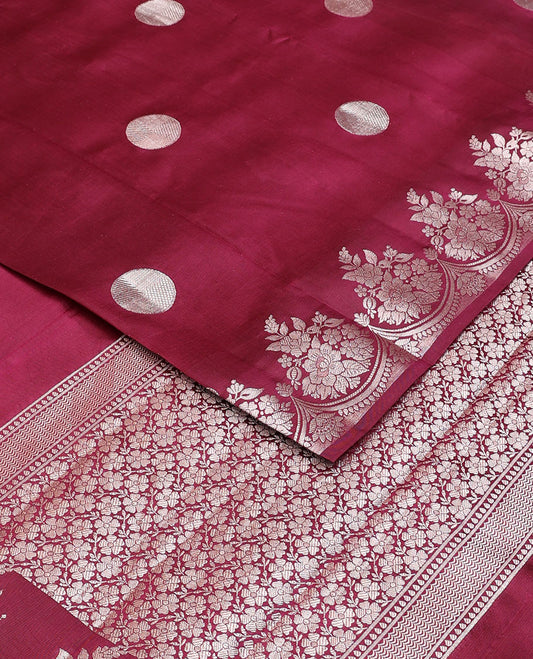Maroon round-shaped zari buttas raw mango silk saree, zari border of scallop & floral designs & floral steeped pallu