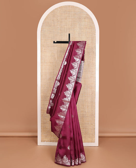Maroon round-shaped zari buttas raw mango silk saree, zari border of scallop & floral designs & floral steeped pallu