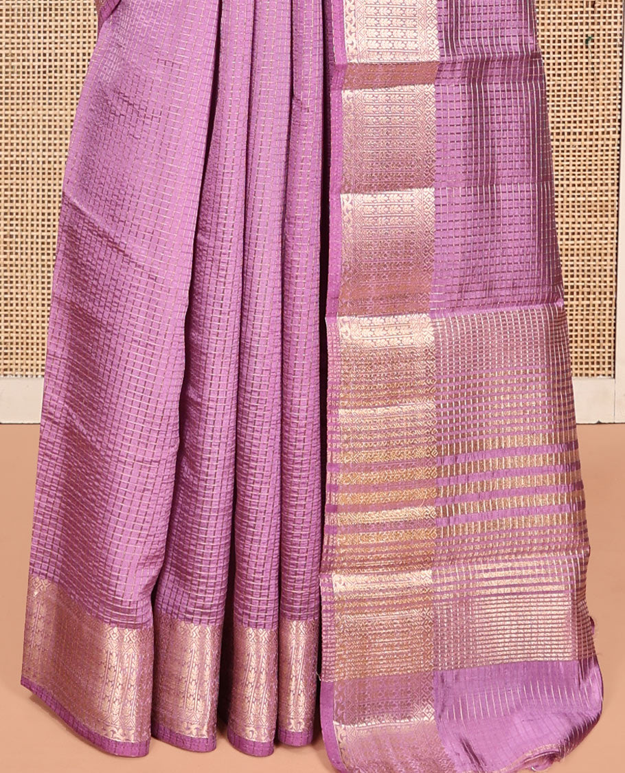 Purple Semi-Banarasi Dupion Saree, Richly Detailed with Checks, a Highlighted By Traditional Zari Border, Zari Striped Pallu, and a Matching Blouse