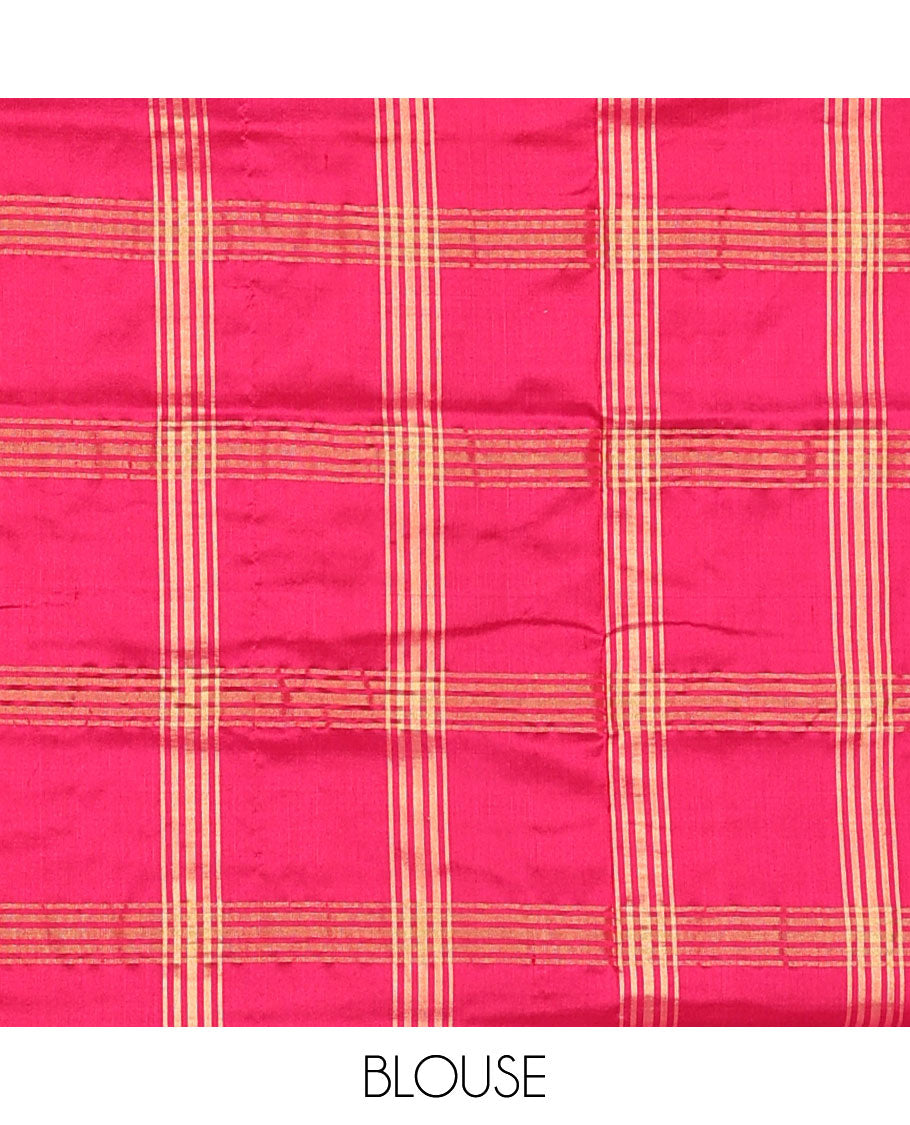 Green patola-style animal motif enclosed checked ikkat saree, contrast elephant motif border & pallu of ikkat designs