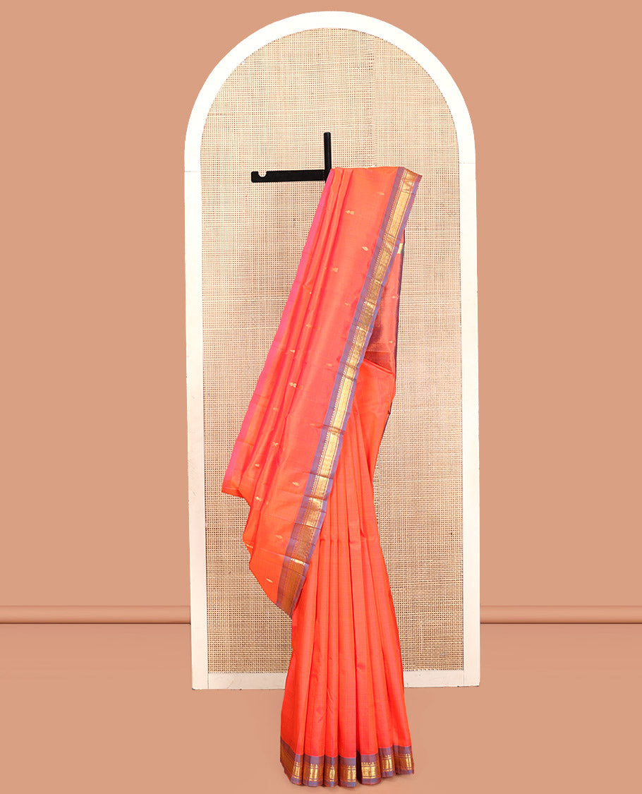 Orange Kanchipuram Silk Saree, Prettified with Zari Buttas, Contrast Border of Rekku, Banaras, and Jaal, Zari Design Pallu, and No Blouse