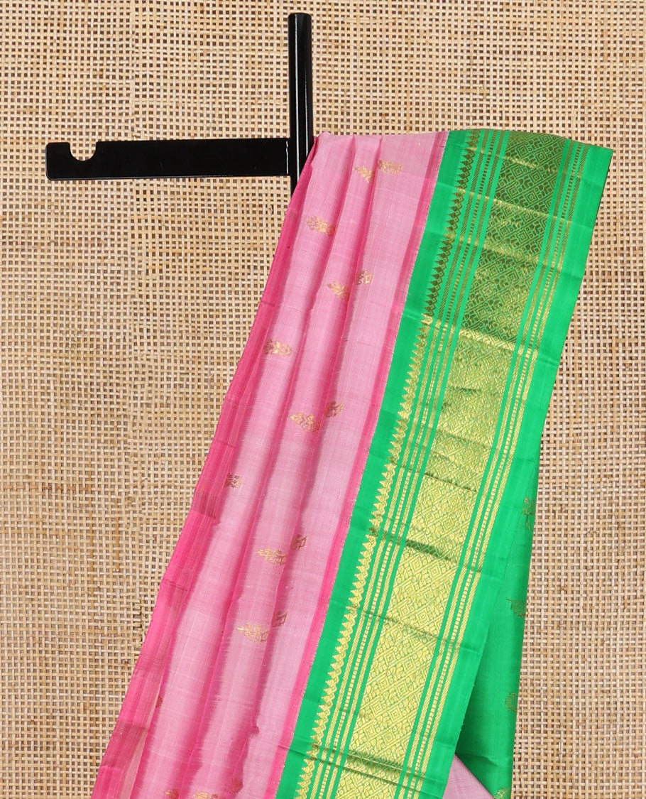 Pink buttas kancheepuram silk saree with contrast korvai border of thilakam mooku, banaras, muthu design & zari design pallu
